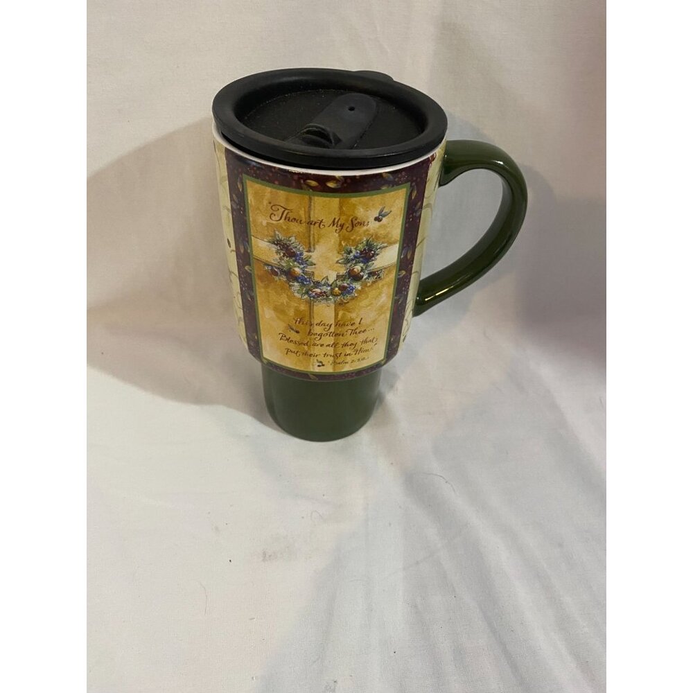 Lang This Day Ceramic Travel Mug Shelly Reeves Smith Psalm 2:7 Green Religious